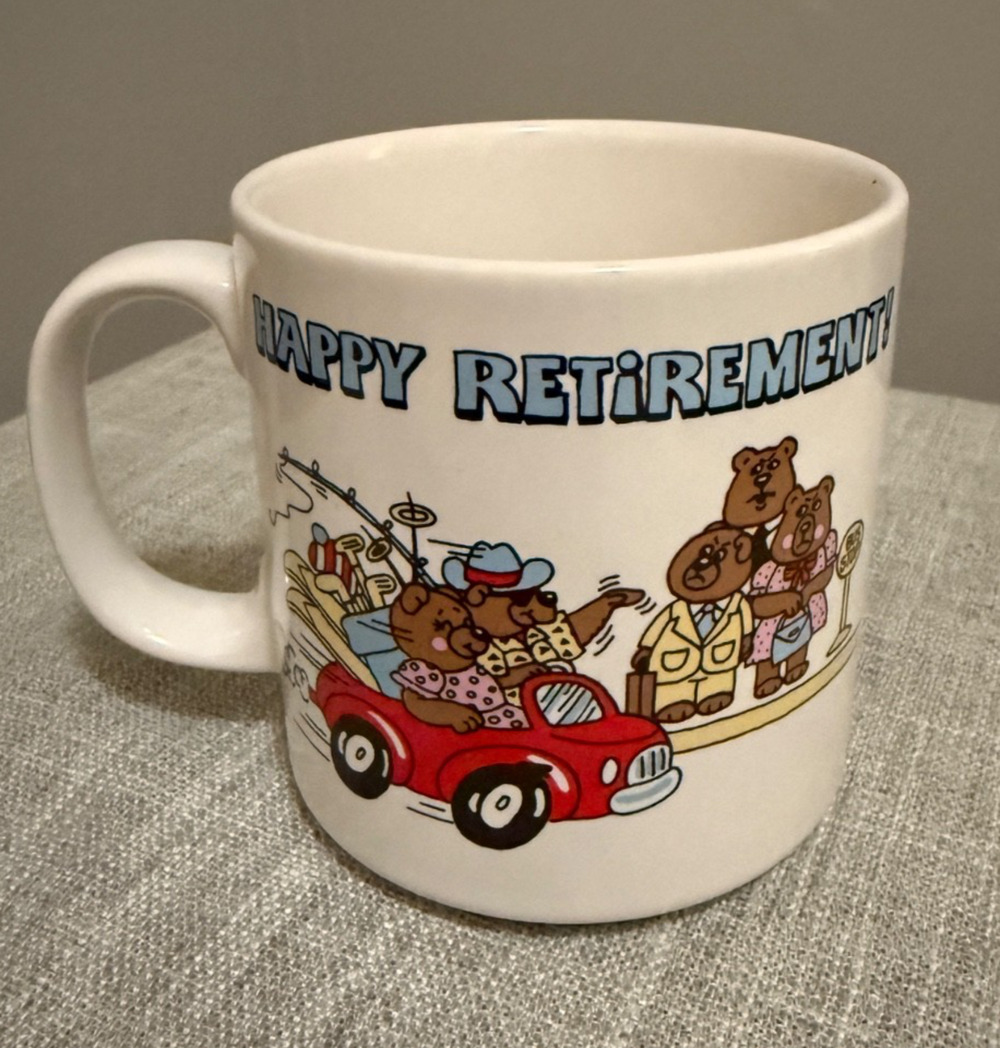 Vintage Russ Berrie Happy Retirement Bear Mug Korea 8389 – No Chips/Cracks